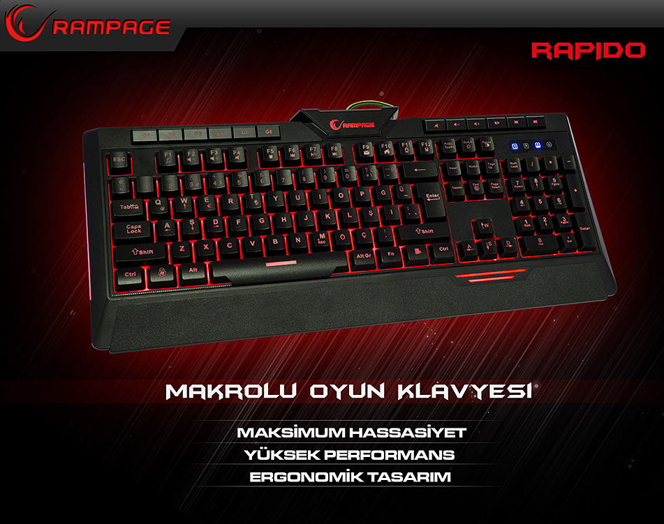 Rampage Rapido KB-R03 Siyah USB 7 Renk Aydınlatmalı Q Multimedia Makrolu Oyuncu Klavye