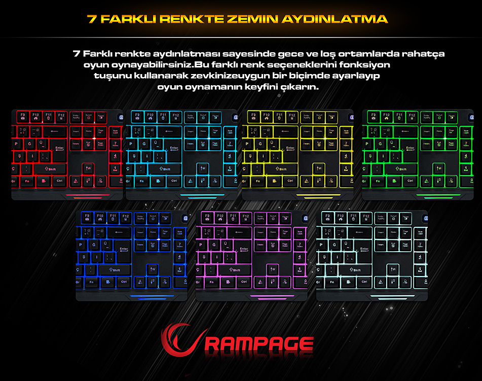 Rampage Rapido KB-R03 Siyah USB 7 Renk Aydınlatmalı Q Multimedia Makrolu Oyuncu Klavye