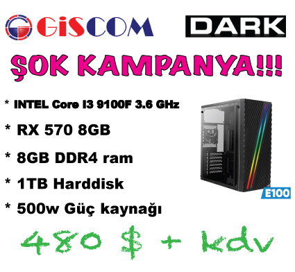 Dark E100 INTEL Core I3 9100F 3.6GHz, 8GB Ram, RX570 4GB, 1TB HDD Oyuncu Bilgisayarı